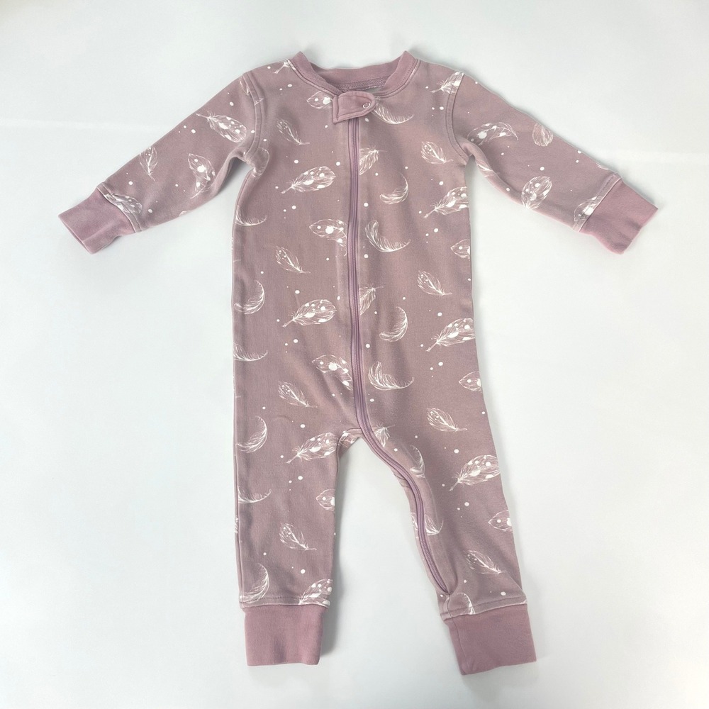 Owlivia Footless Pajama Feather Print Mauve 6-12 Month Girl‎ Organic Cotton Zip